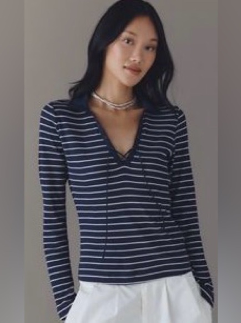 Anthropologie Maeve Navy and White Striped Lace-Up Shirt, Size MEDIUM